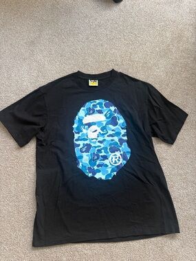 Bape Black Tee with Blue Camo Ape Head Graphic